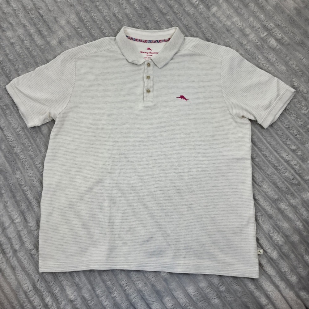 Tommy Bahama Mens XL Gray White Striped Pima Cotton Polo Shirt Short Sleeve